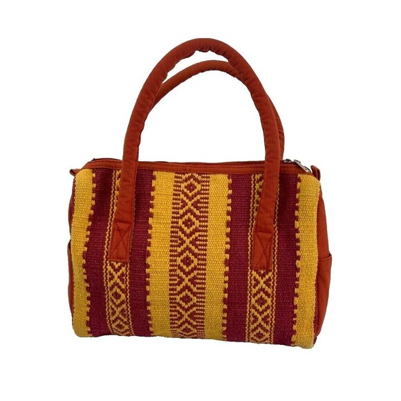Karma Living Handbags - Karma Living Hand Loomed Cotton Tote Purse Orange Yellow Southwest Zip Round Med